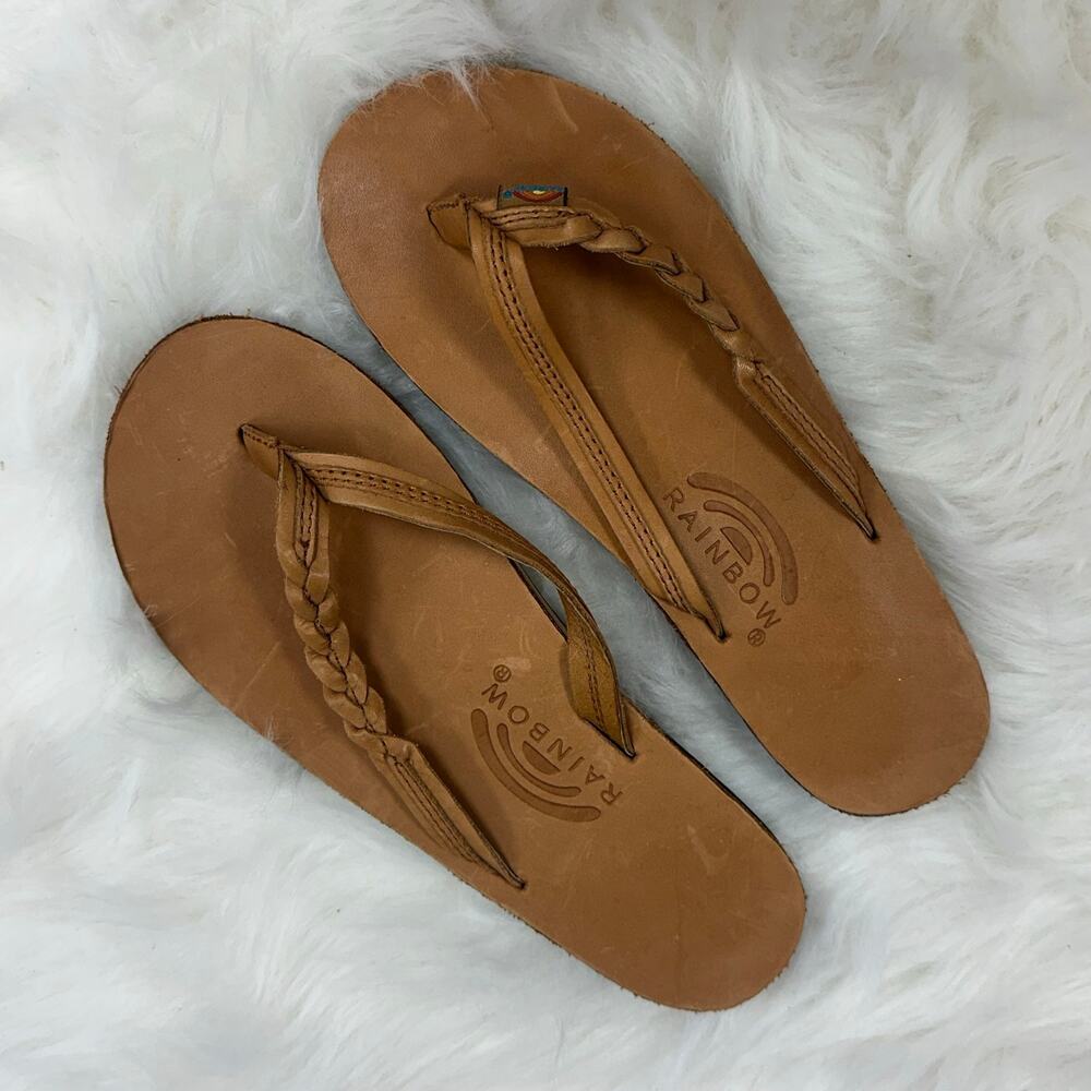 Rainbow Sandals Tan Leather Braided Flip Flops Boho Beach Sandals